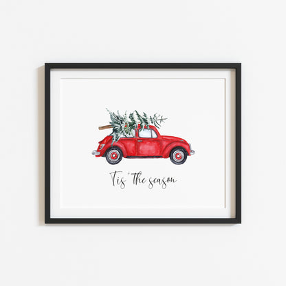 Tis the season red watercolour bug car Christmas tree illustration seasonal unframed wall art poster print