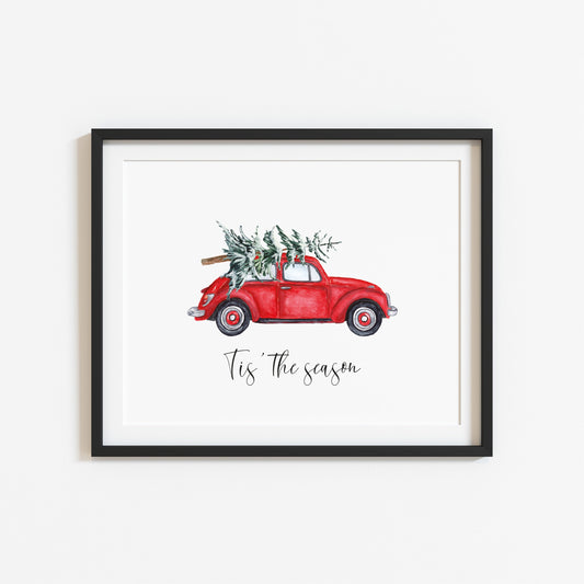 Tis the season red watercolour bug car Christmas tree illustration seasonal unframed wall art poster print