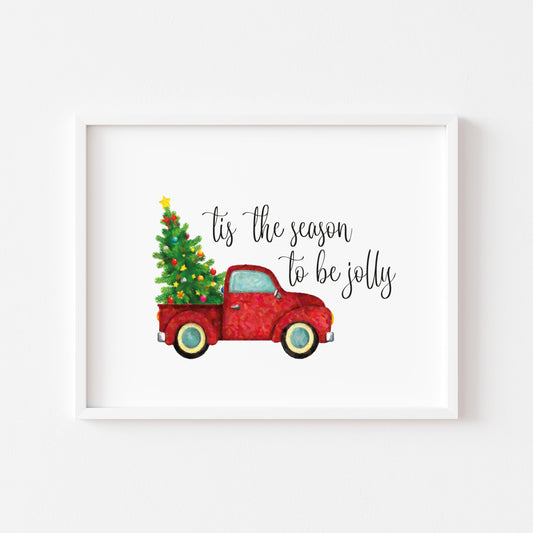 Tis the season to be Jolly red watercolour Christmas tree illustration seasonal unframed wall art poster print