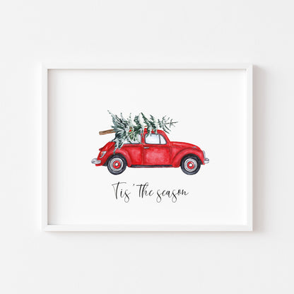 Tis the season red watercolour bug car Christmas tree illustration seasonal unframed wall art poster print