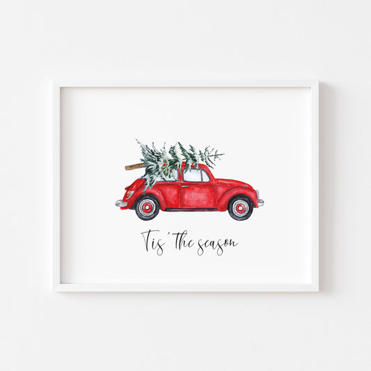 Tis the season red watercolour bug car Christmas tree illustration seasonal unframed wall art poster print