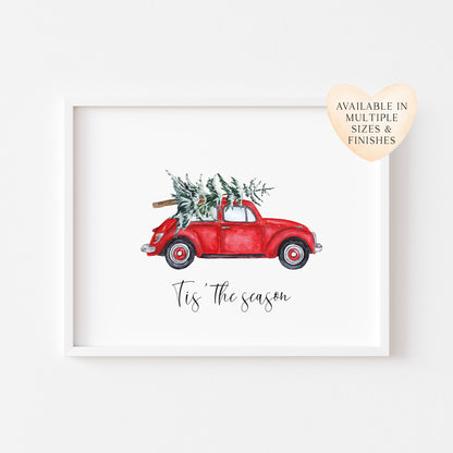 Tis the season red watercolour bug car Christmas tree illustration seasonal unframed wall art poster print