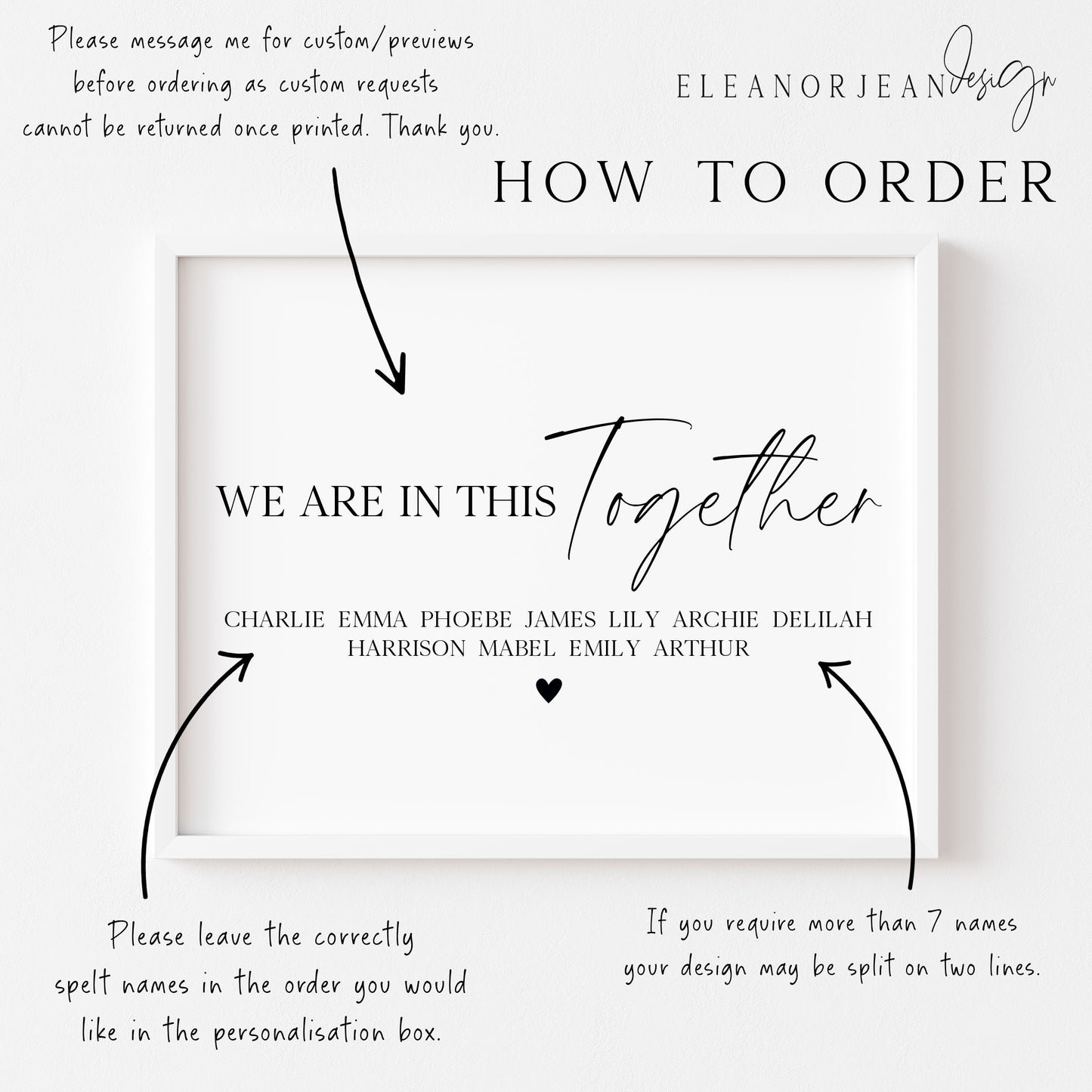 Personalised Family Heart Print We are in this together Custom unframed Home Wall Art