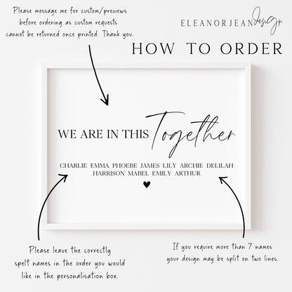 Personalised Family Heart Print We are in this together Custom unframed Home Wall Art