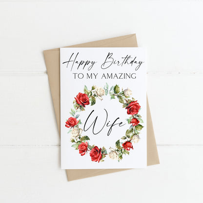 Wife birthday card to my amazing wife happy birthday wife love couples partner red white roses wreath card with envelope kraft brown/white