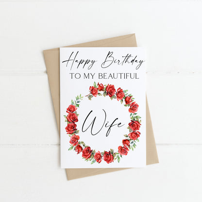 Wife birthday card to my beautiful wife happy birthday wife love couples partner red roses wreath card with envelope kraft brown/white
