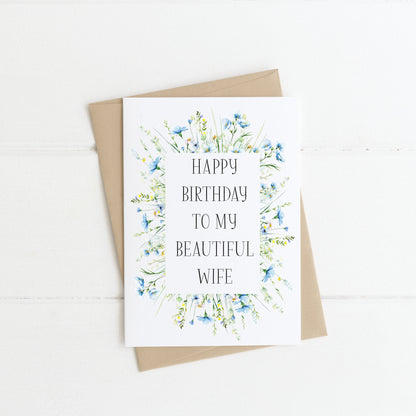 Wife birthday card to my beautiful wife happy birthday wife love couples partner blue wildflower wreath with envelope kraft brown/white