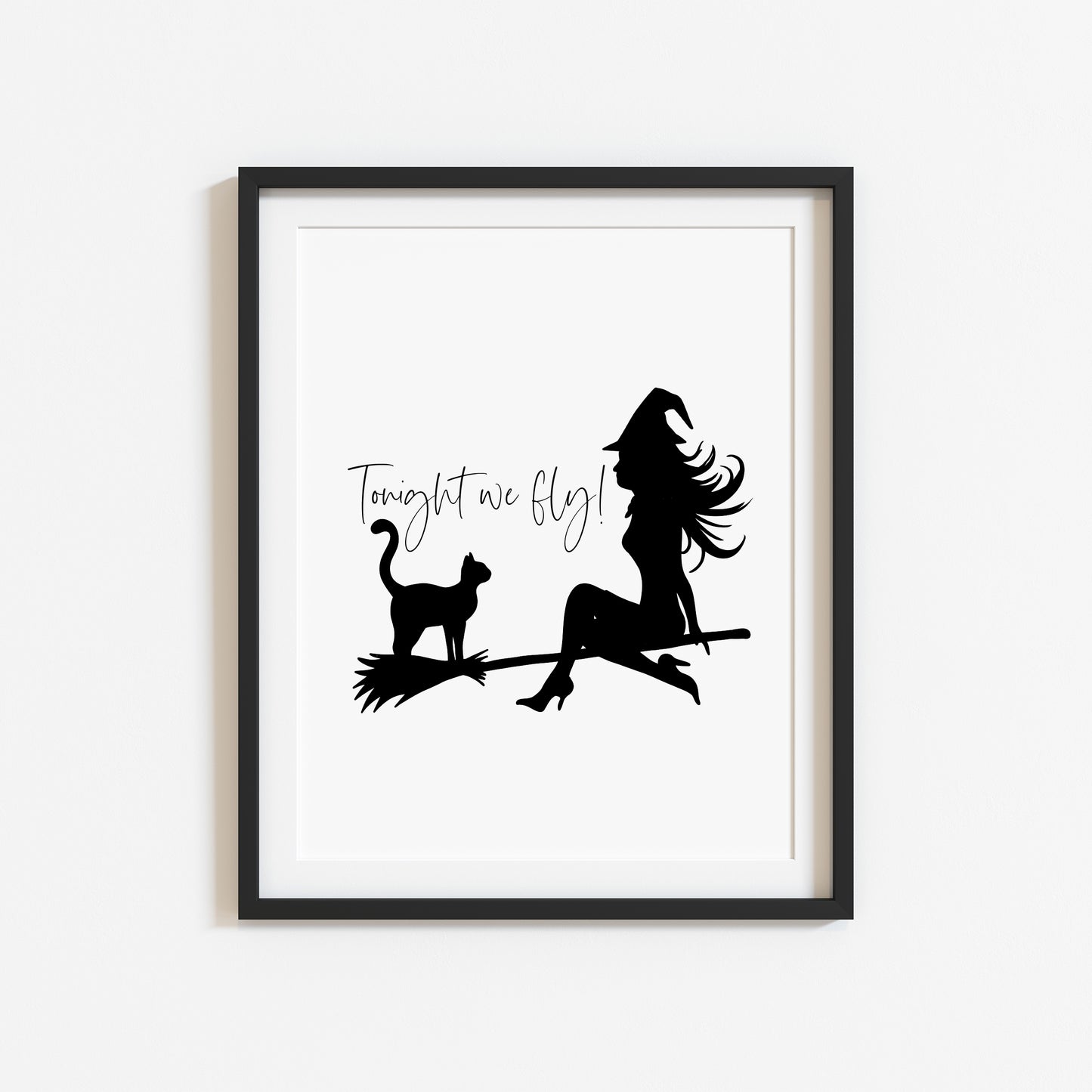 Tonight we fly Witch & Cat on a broom halloween celestial illustration unframed wall art poster print