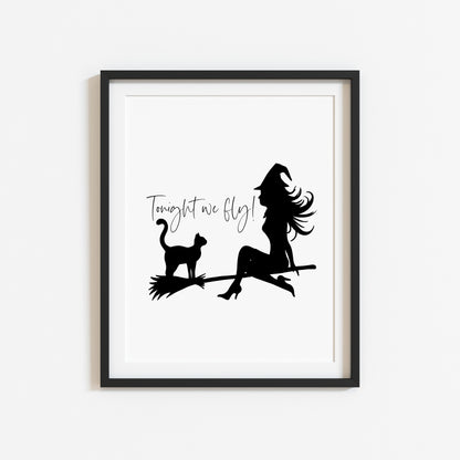 Tonight we fly Witch & Cat on a broom halloween celestial illustration unframed wall art poster print
