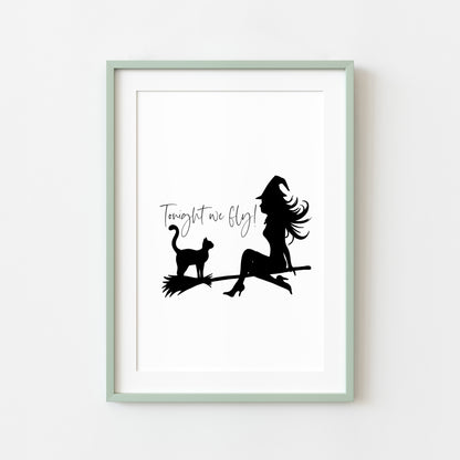 Tonight we fly Witch & Cat on a broom halloween celestial illustration unframed wall art poster print