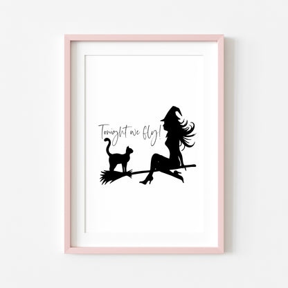 Tonight we fly Witch & Cat on a broom halloween celestial illustration unframed wall art poster print