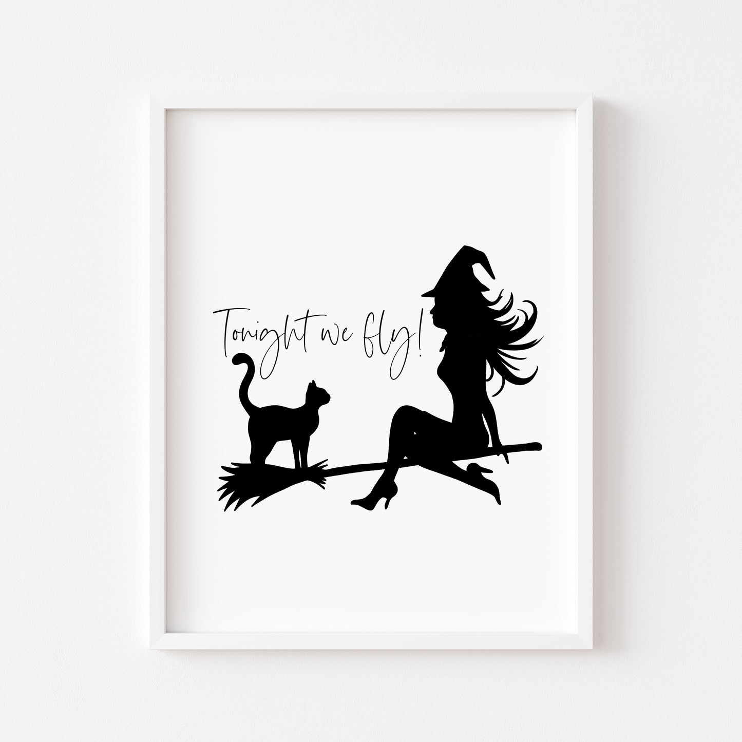 Tonight we fly Witch & Cat on a broom halloween celestial illustration unframed wall art poster print