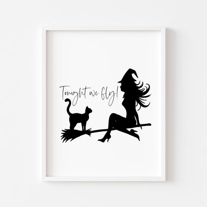 Tonight we fly Witch & Cat on a broom halloween celestial illustration unframed wall art poster print