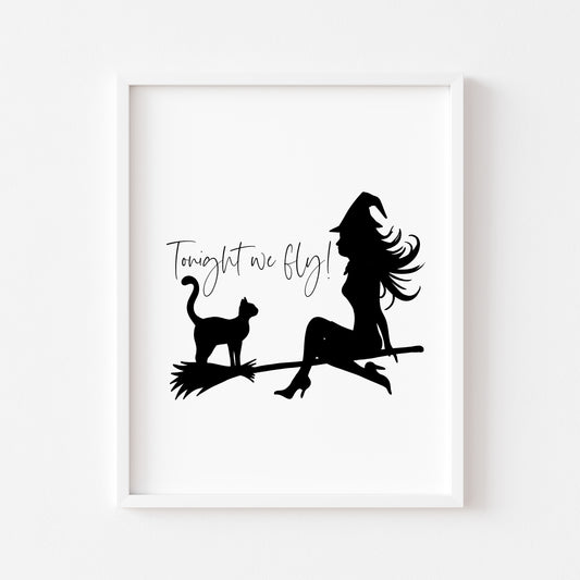 Tonight we fly Witch & Cat on a broom halloween celestial illustration unframed wall art poster print