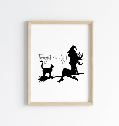 Tonight we fly Witch & Cat on a broom halloween celestial illustration unframed wall art poster print