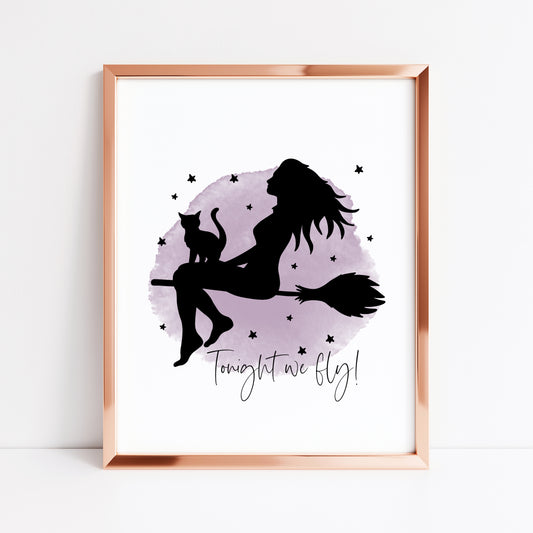 Tonight we fly Witch & Cat on a broom, purple with stars halloween celestial illustration unframed wall art poster print