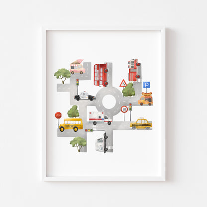 Transport map print, vehicle children's kids bedroom play room Nursery unframed wall art poster