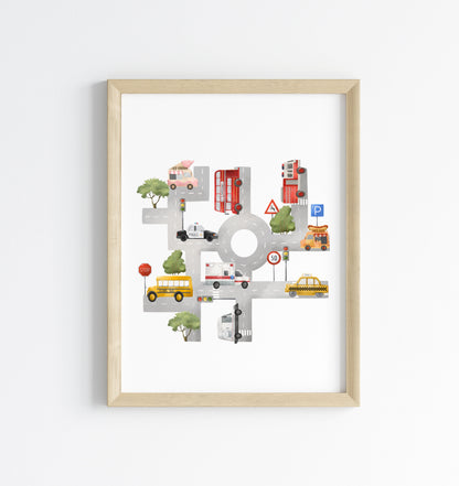 Transport map print, vehicle children's kids bedroom play room Nursery unframed wall art poster