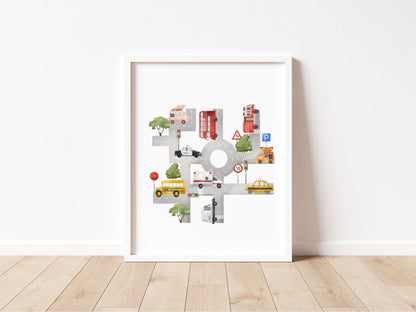 Transport map print, vehicle children's kids bedroom play room Nursery unframed wall art poster