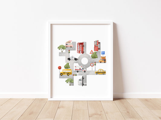 Transport map print, vehicle children's kids bedroom play room Nursery unframed wall art poster