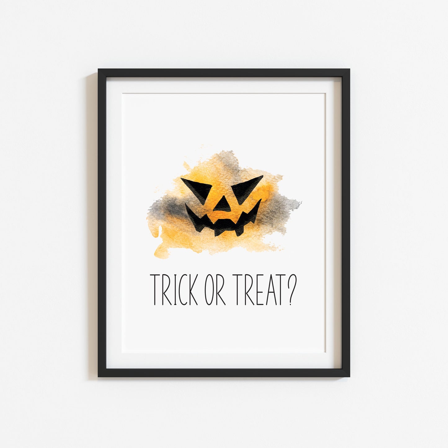 Halloween Trick or treat, spooky face, orange and black watercolour seasonal unframed wall art poster print