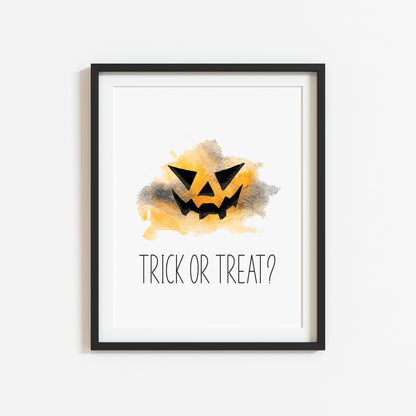 Halloween Trick or treat, spooky face, orange and black watercolour seasonal unframed wall art poster print