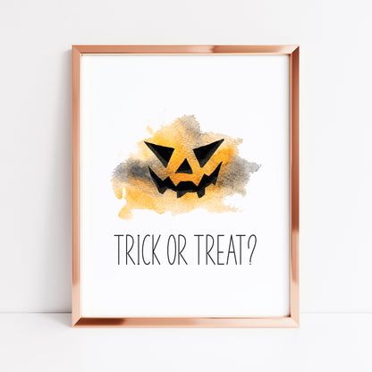 Halloween Trick or treat, spooky face, orange and black watercolour seasonal unframed wall art poster print