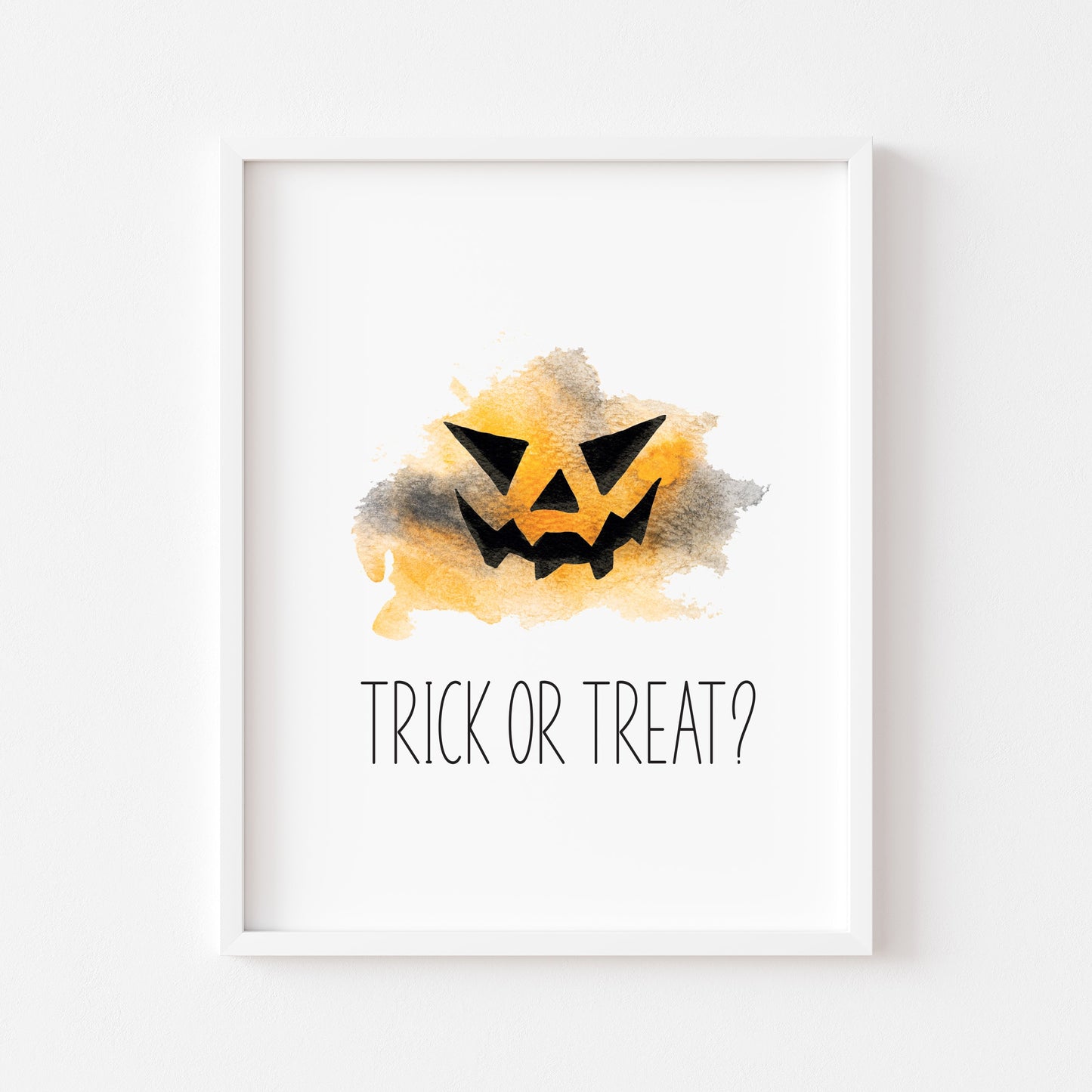 Halloween Trick or treat, spooky face, orange and black watercolour seasonal unframed wall art poster print