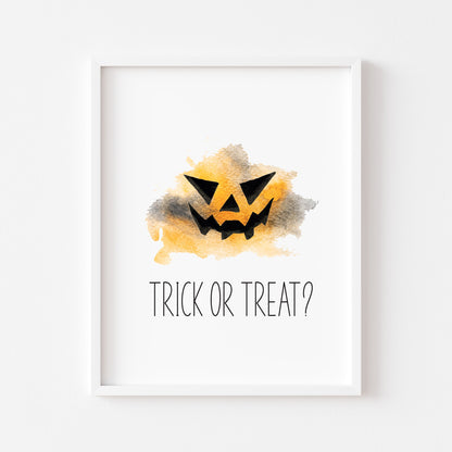 Halloween Trick or treat, spooky face, orange and black watercolour seasonal unframed wall art poster print