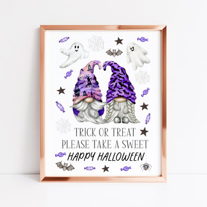 Trick or treat print, Happy Halloween, trick or treat take a sweet purple fun spooky gonks halloween gnome unframed wall art poster print