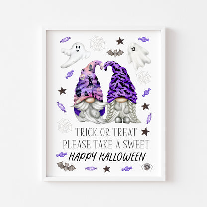 Trick or treat print, Happy Halloween, trick or treat take a sweet purple fun spooky gonks halloween gnome unframed wall art poster print