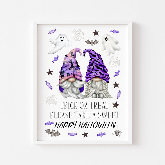 Trick or treat print, Happy Halloween, trick or treat take a sweet purple fun spooky gonks halloween gnome unframed wall art poster print