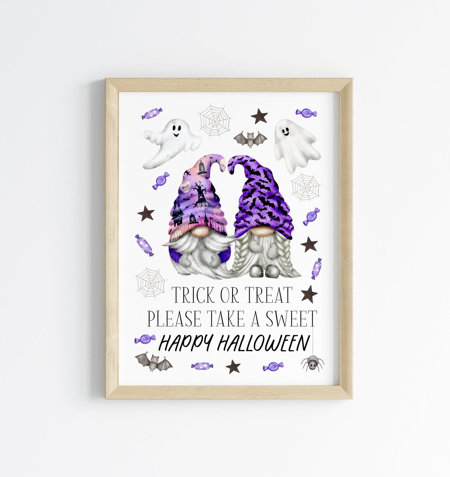 Trick or treat print, Happy Halloween, trick or treat take a sweet purple fun spooky gonks halloween gnome unframed wall art poster print