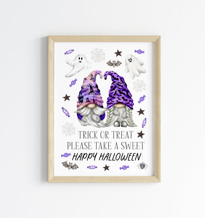 Trick or treat print, Happy Halloween, trick or treat take a sweet purple fun spooky gonks halloween gnome unframed wall art poster print