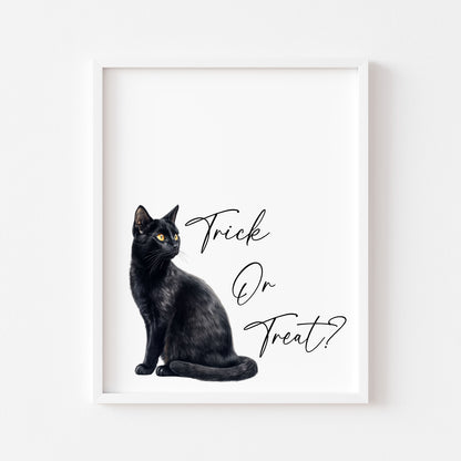 Black cat Halloween sign Trick or treat Print Poster, Spooky Wall Art (unframed)