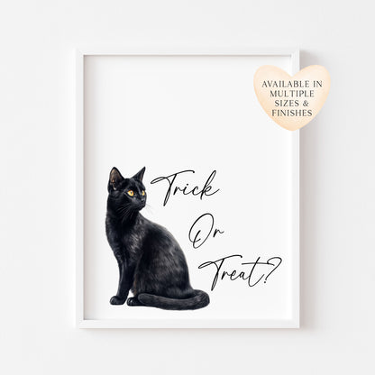 Black cat Halloween sign Trick or treat Print Poster, Spooky Wall Art (unframed)