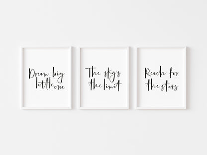Set of 3 kids Dream big, reach for the stars, bedroom, nursery unframed wall art poster prints