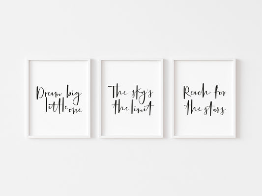 Set of 3 kids Dream big, reach for the stars, bedroom, nursery unframed wall art poster prints