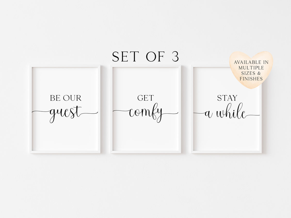 Set of 3 home guest bedroom, get comfy, be our guest, stay a while swirly borderless unframed wall art prints