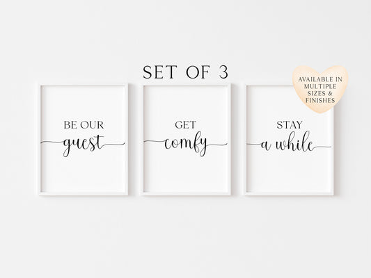 Set of 3 home guest bedroom, get comfy, be our guest, stay a while swirly borderless unframed wall art prints