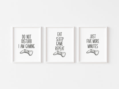 Set of 3 xbox gaming prints, do not disturb, eat sleep game, just five more minutes gaming gamer set of unframed wall art poster prints