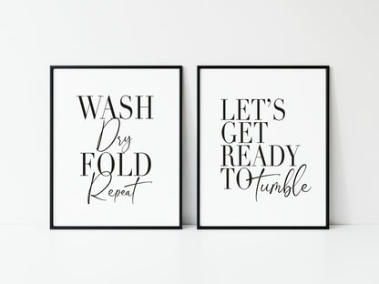 Set of 2 kitchen laundry prints, wash dry fold repeat, let's get ready to tumble unframed wall art poster prints