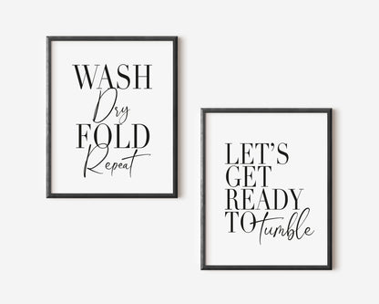 Set of 2 kitchen laundry prints, wash dry fold repeat, let's get ready to tumble unframed wall art poster prints