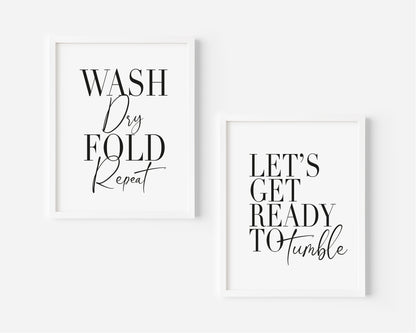 Set of 2 kitchen laundry prints, wash dry fold repeat, let's get ready to tumble unframed wall art poster prints
