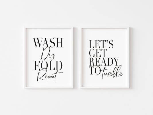 Set of 2 kitchen laundry prints, wash dry fold repeat, let's get ready to tumble unframed wall art poster prints