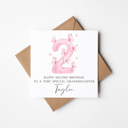 Personalised 2nd Birthday Card pink Butterfly girls bday card, number 2, daughter, granddaughter, friend with Envelope