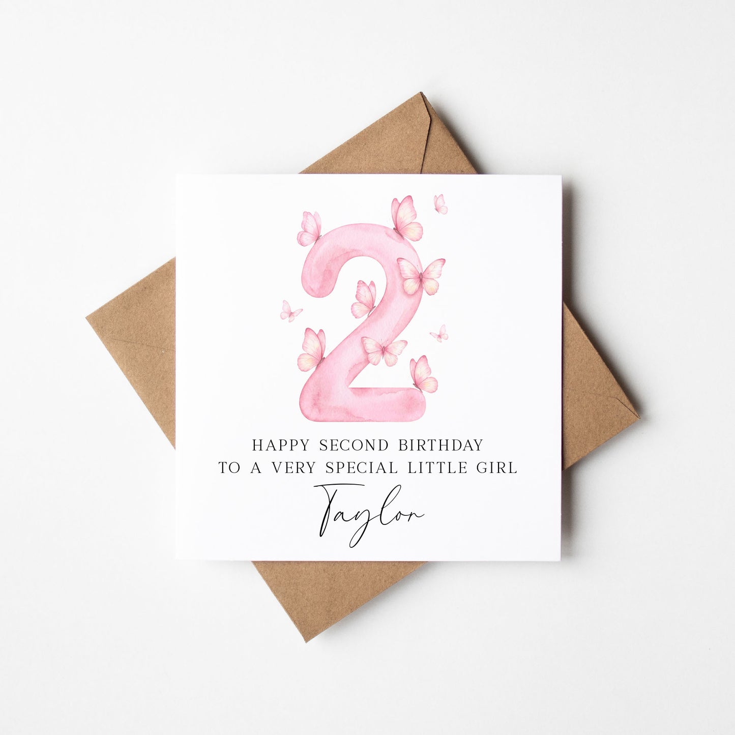 Personalised 2nd Birthday Card pink Butterfly girls bday card, number 2, daughter, granddaughter, friend with Envelope