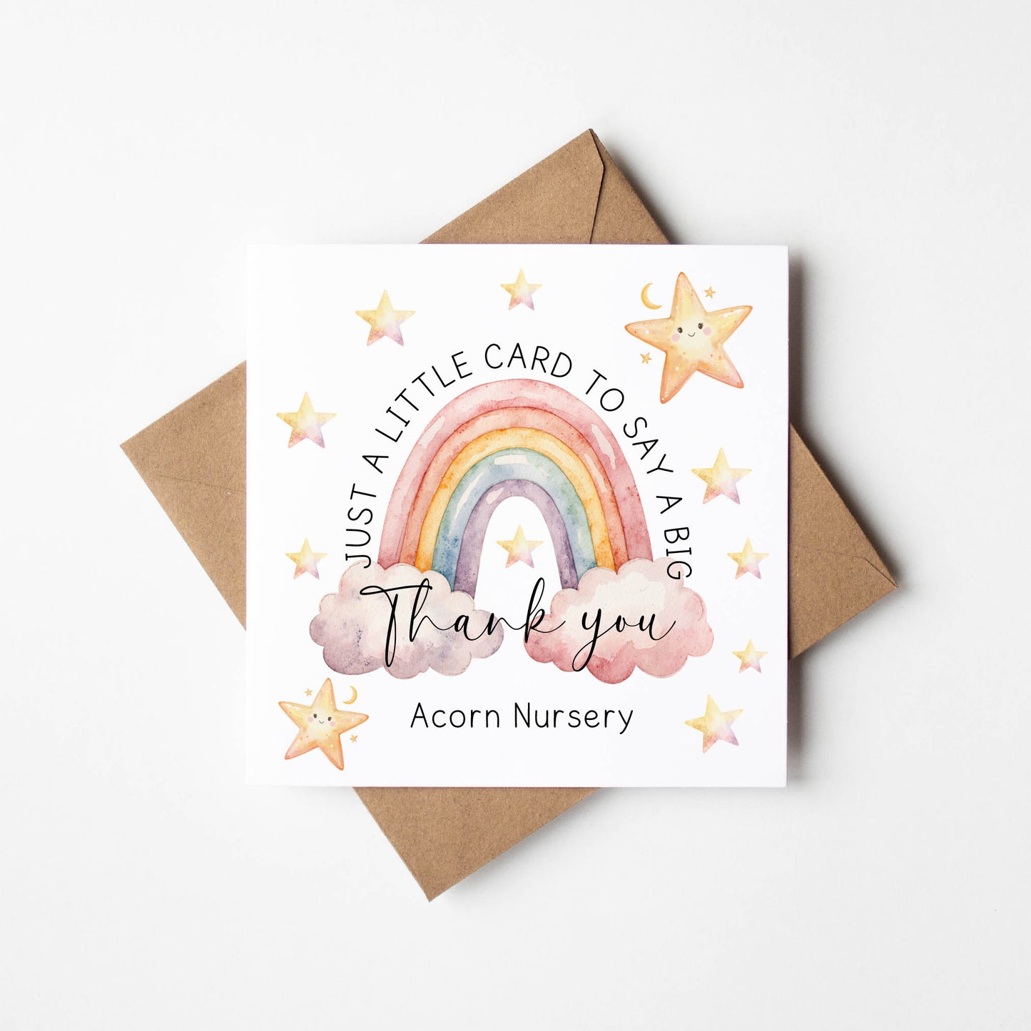 Personalised thank you card rainbow and stars watercolour colourful thank you teacher school nursery assistant card with brown envelope