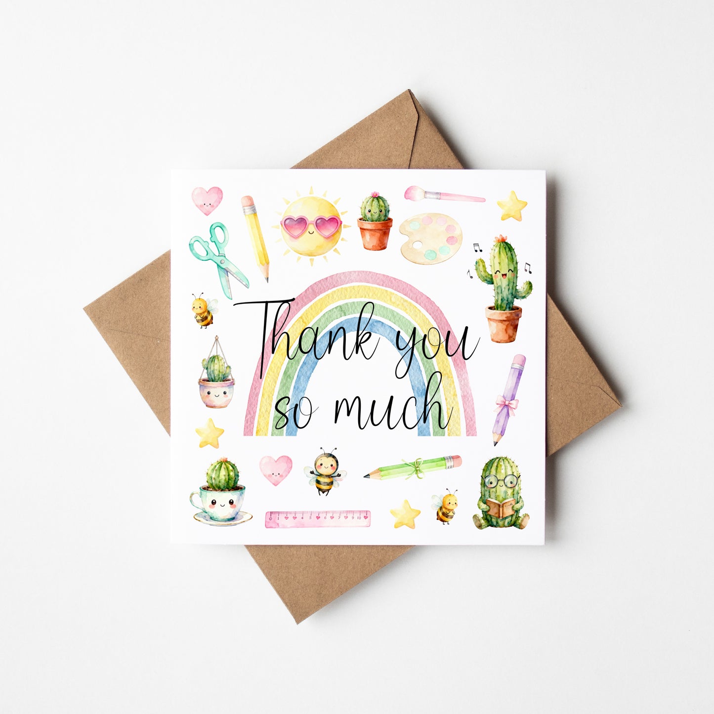 Thank You Card Nursery Teacher, Mentor Appreciation watercolour rainbow pastel card with envelope