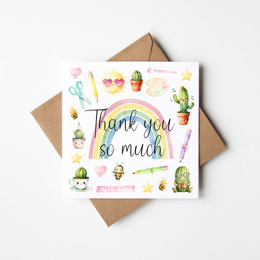 Thank You Card Nursery Teacher, Mentor Appreciation watercolour rainbow pastel card with envelope